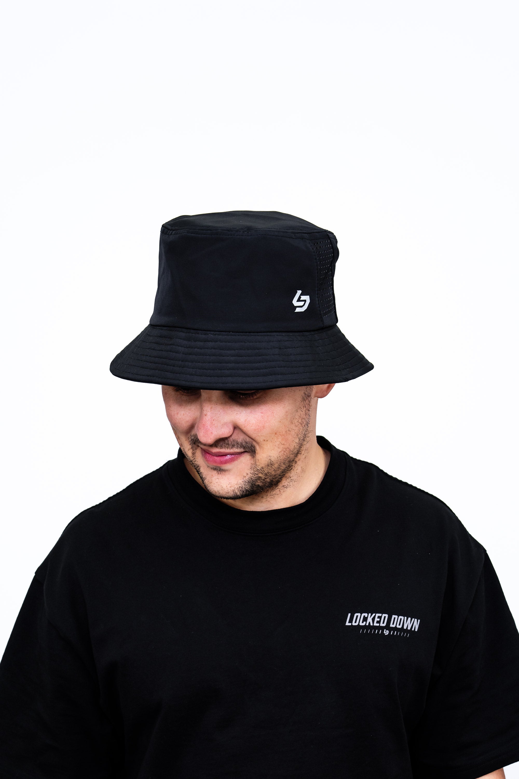 Locked Down Brands Premium Water Resistant Stamp Bucket Hat With Laser Holes - Black