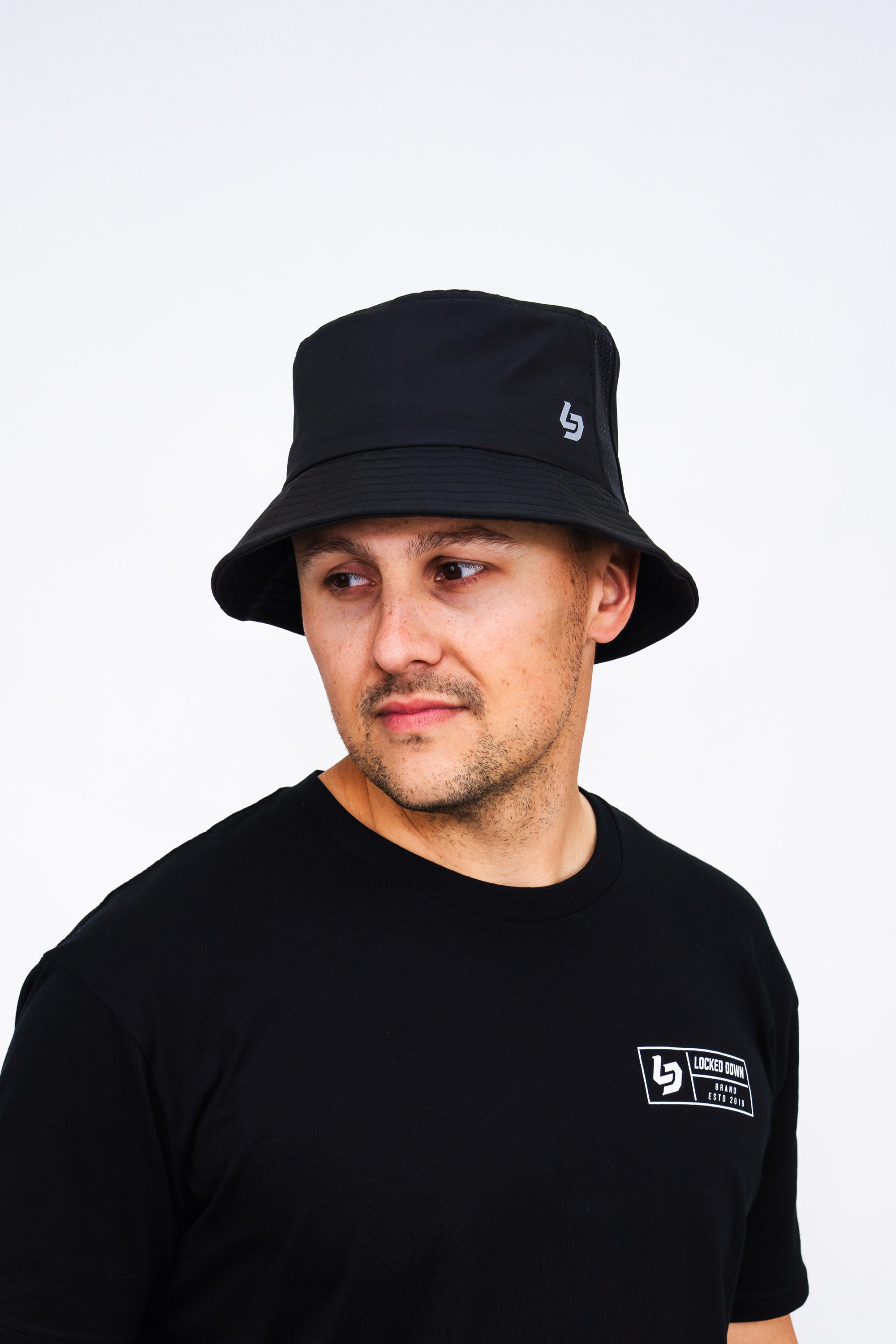 Locked Down Brands Premium Water Resistant Stamp Bucket Hat With Laser Holes - Black