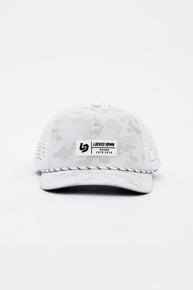 Locked Down Brands Premium Water Resistant TRAIL Block Snapback - Snow Camo | Front View