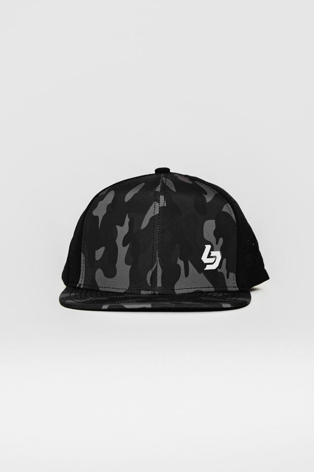 Locked Down Brands Premium Water Resistant BASE Brand Snapback - Black Camo | Front View
