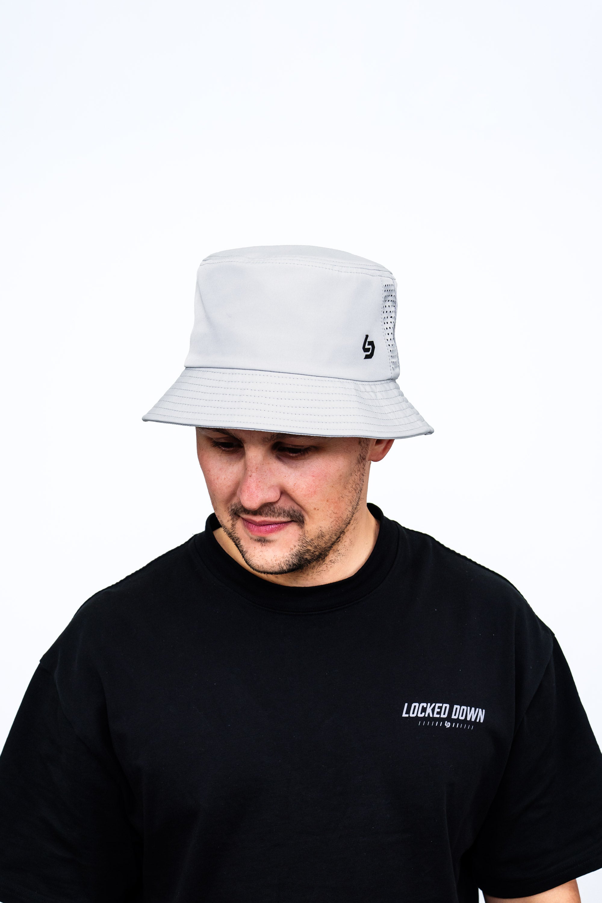 Locked Down Brands Premium Water Resistant Stamp Bucket Hat With Laser Holes - Stone Grey