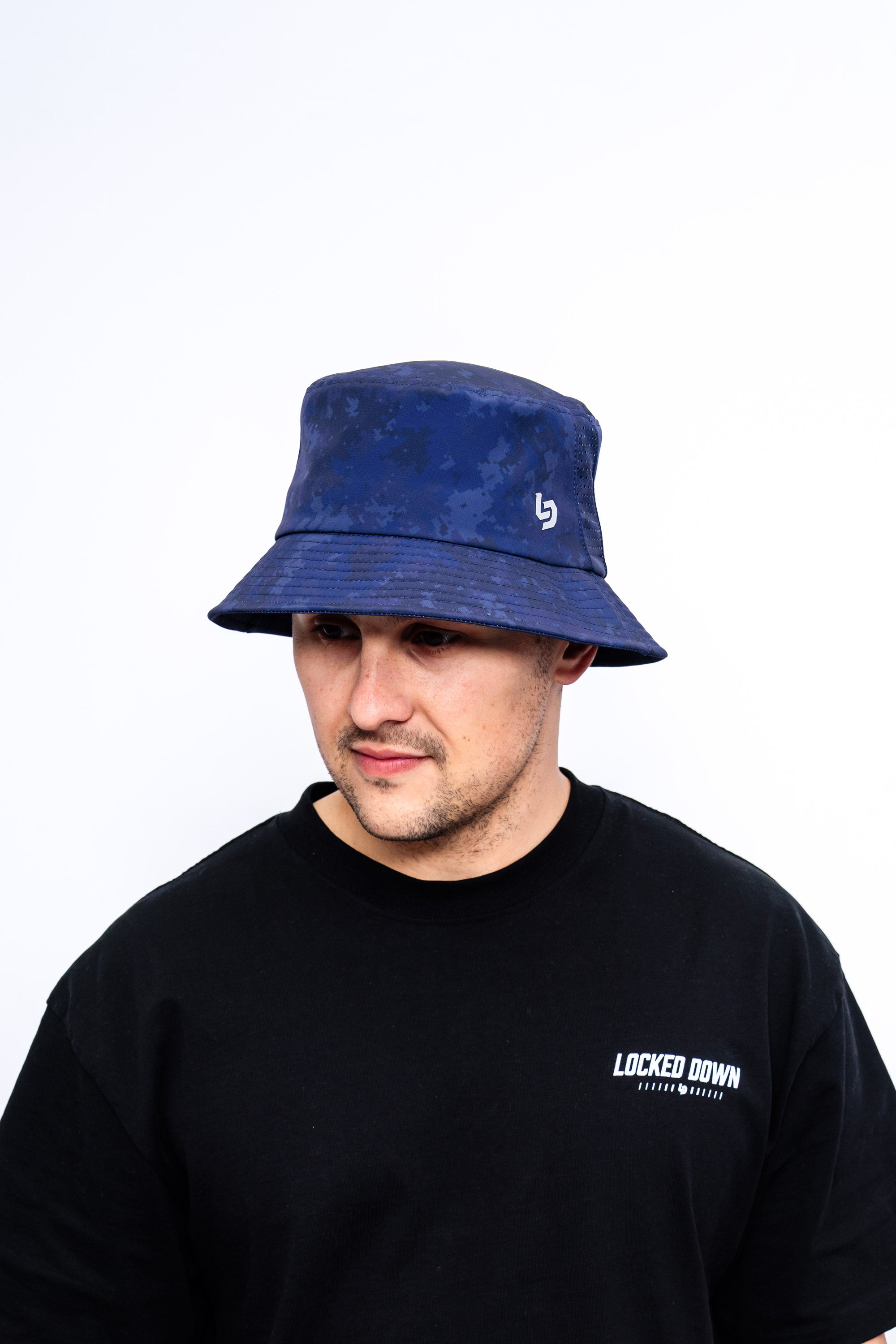 Locked Down Brands Premium Water Resistant Stamp BUCKET Hat - Navy Digital Camo