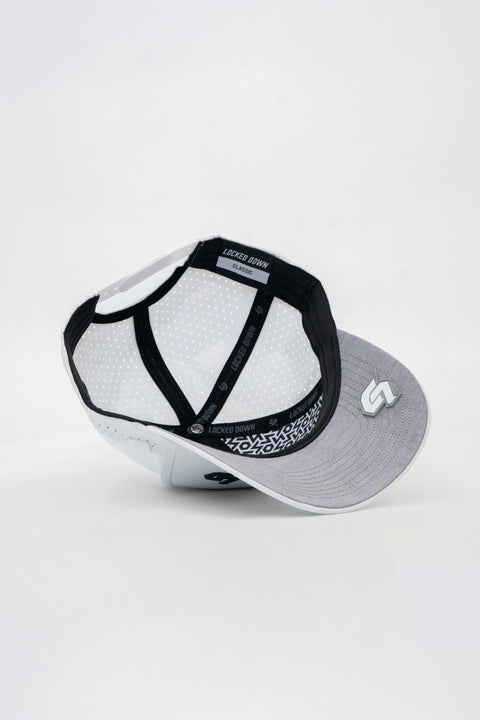 Locked Down Brands Premium Water Resistant CLASSIC Brand Snapback - White | Under View