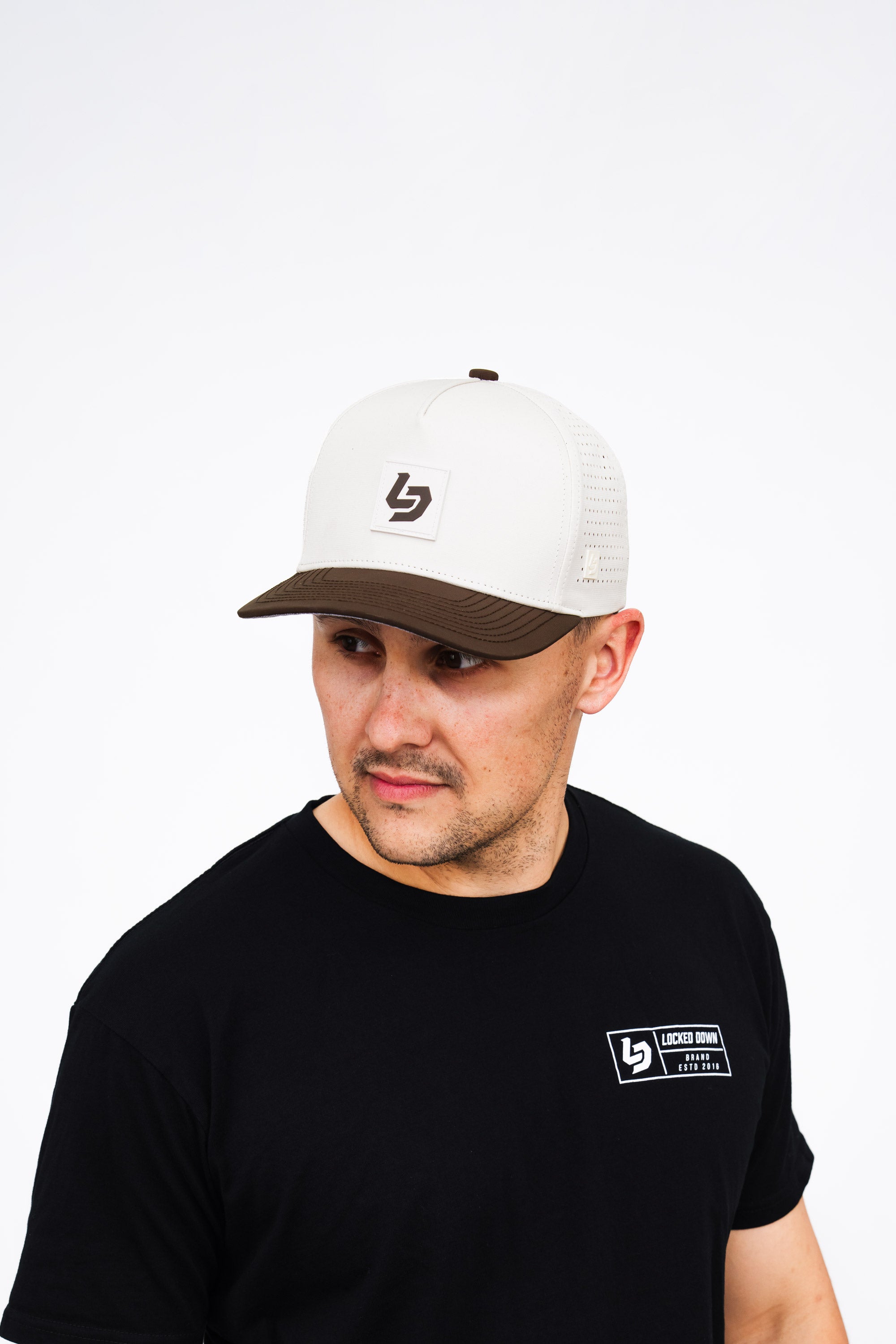 Locked Down Brands Premium Water Resistant ICON LD Snapback - Cream/Coffee Brown