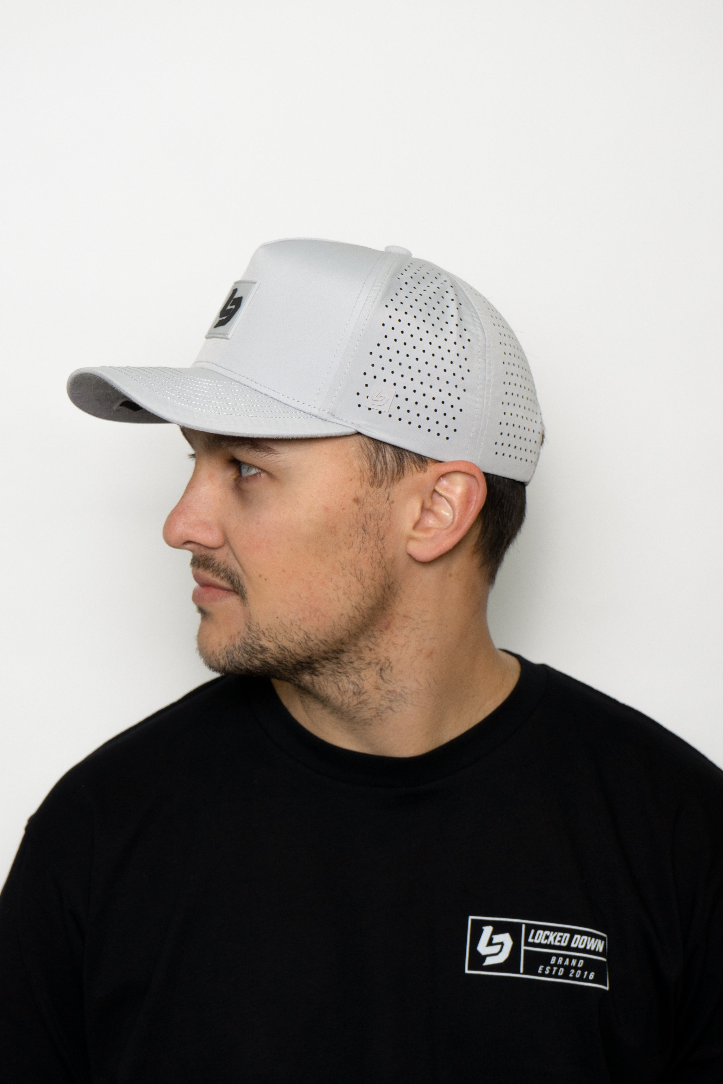 Locked Down Brands Premium Water Resistant ICON LD Snapback - Stone Grey | Wearing View