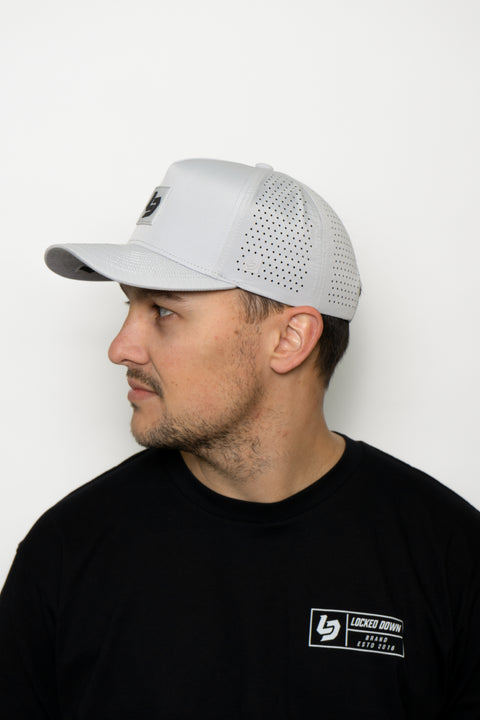 Locked Down Brands Premium Water Resistant ICON LD Snapback - Stone Grey | Wearing View