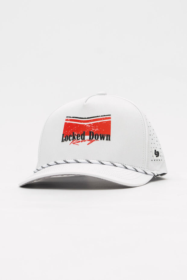 Locked Down Brands Premium Water Resistant ICON Track Snapback - White