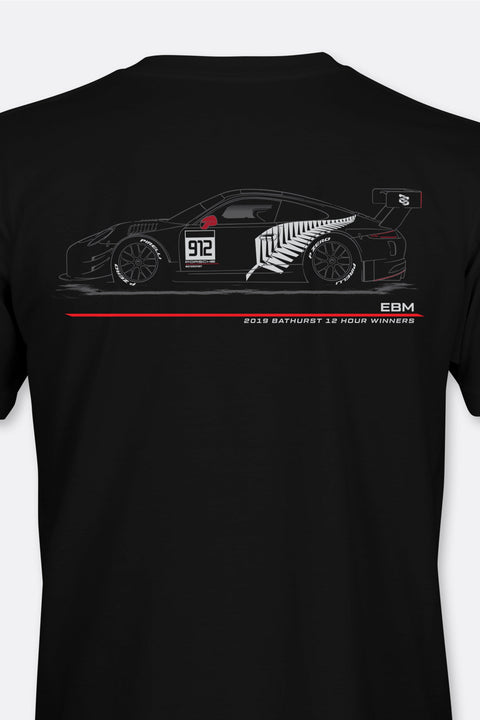 Locked Down Brands Premium Cotton Bathurst 12 Hour T-Shirt in Collaboration with Earl Bamber Motorsport - Black | Back View Render
