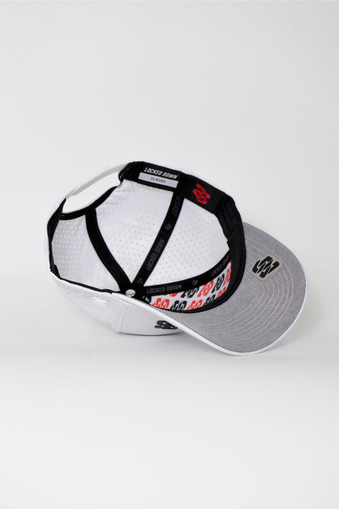 Locked Down Brands Premium Water Resistant CLASSIC Snapback in Collaboration with Earl Bamber Motorsport - White | Uner View