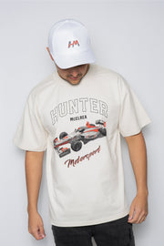 Locked Down Brands Premium Cotton HM Racing Oversized T-Shirt in Collaboration with Hunter McElrea - Off White | Front View