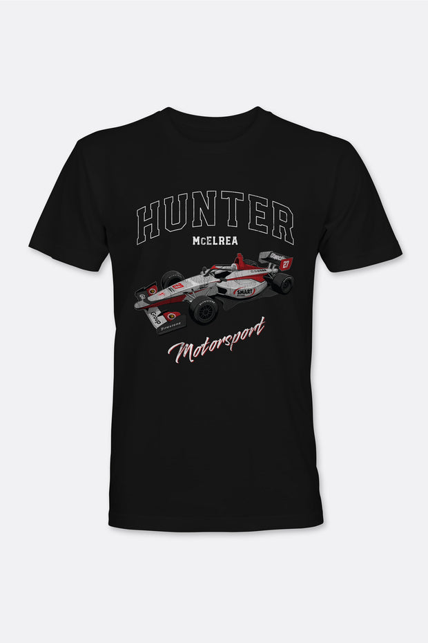 Locked Down Brands Premium Cotton HM Racing Oversized T-Shirt in Collaboration with Hunter McElrea - Black | Front View Render