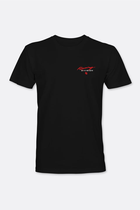 Locked Down Brands Premium Cotton Racing Division T-Shirt in Collaboration with Earl Bamber Motorsport - Black | Front View Render